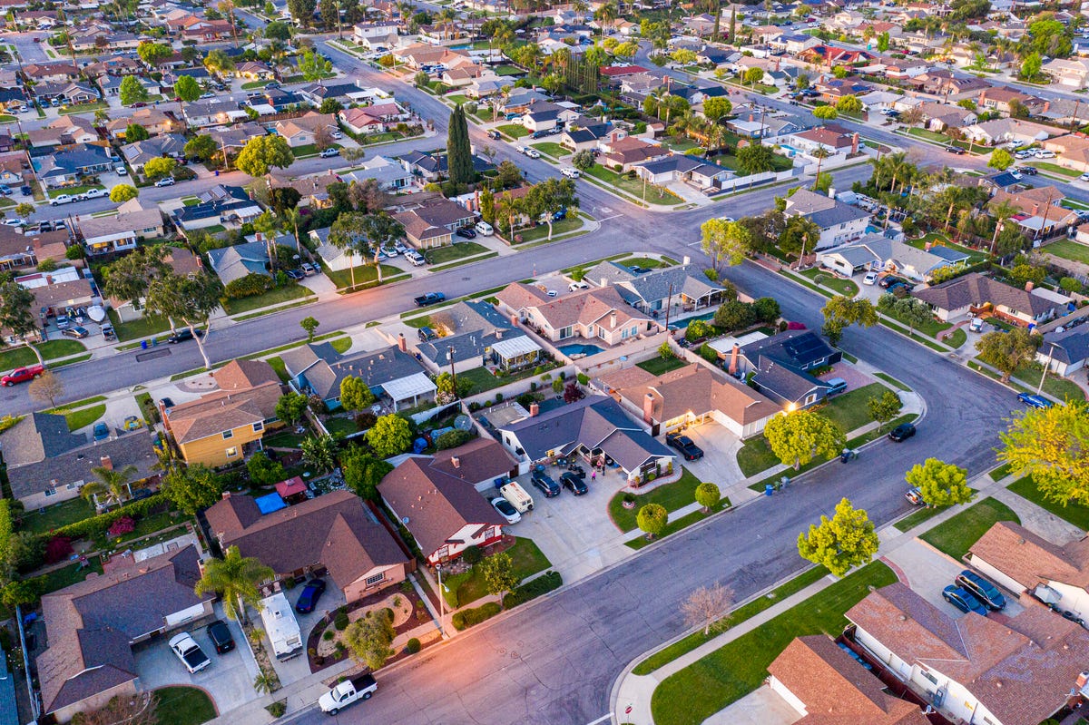 an elevated view of suburban homes in Orange, California