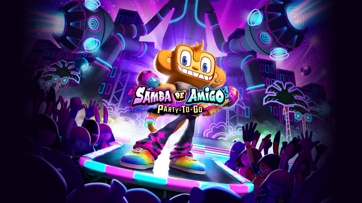 Samba de Amigo title card showing the main character of the game standing on a concert stage