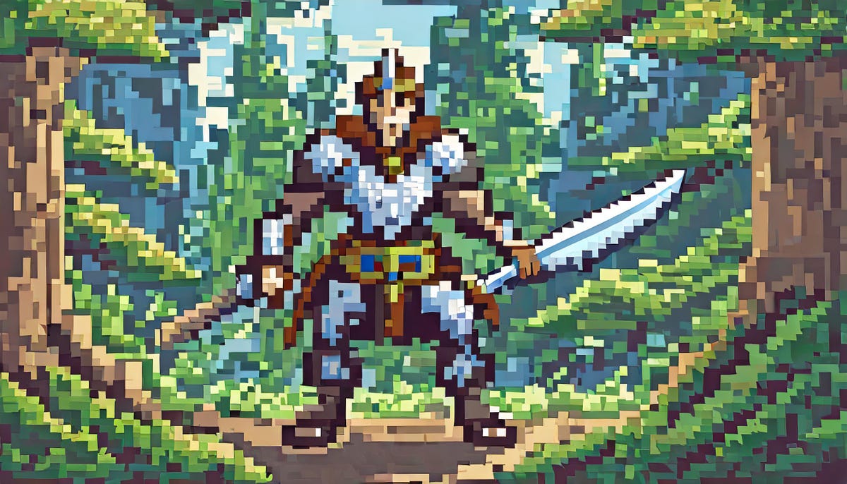An AI-generated image of a swordsman rendered in a pixelated videogame style