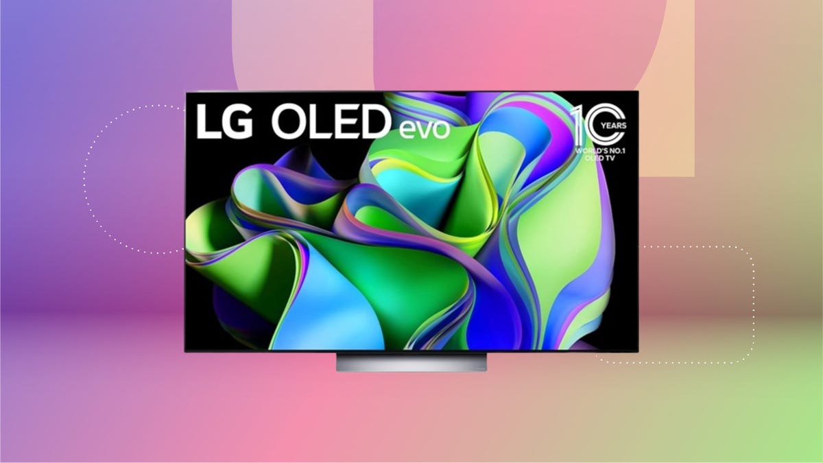 The LG C3 OLED TV is displayed against a gradient purple, pink and green background.