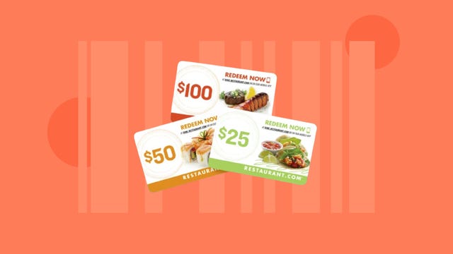 Gift cards to Restaurant.com are displayed against an orange background.
