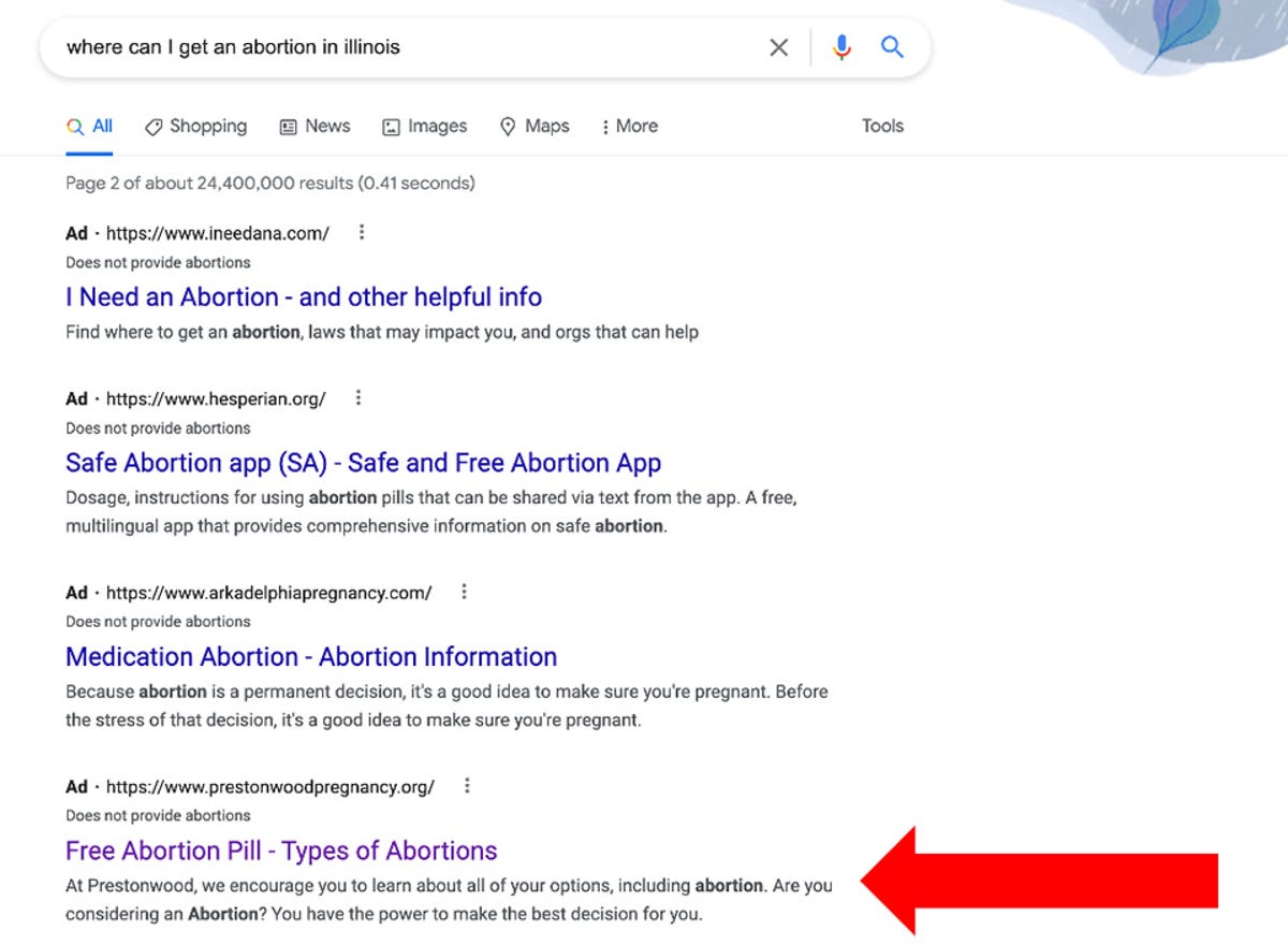 Screenshot of Google Search results for abortion care