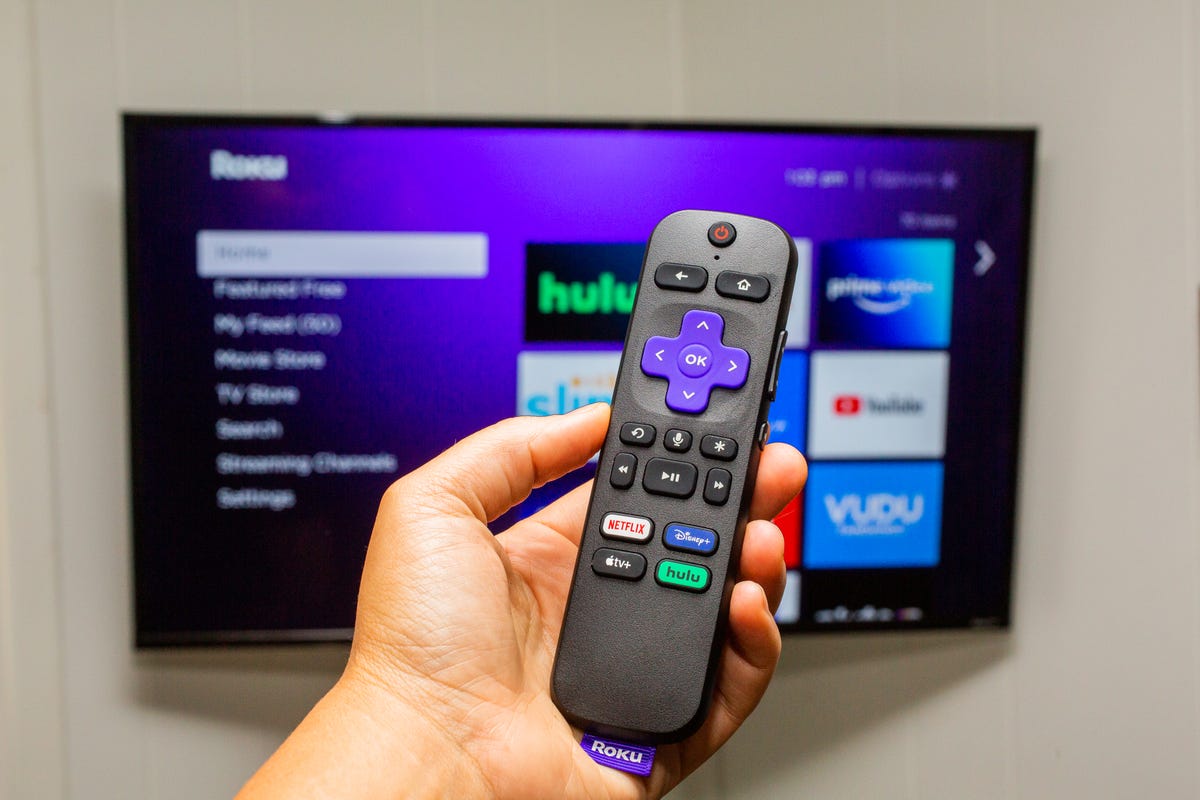 A closeup of the remote that comes with the Roku Streaming Stick 4K and 4K Plus.