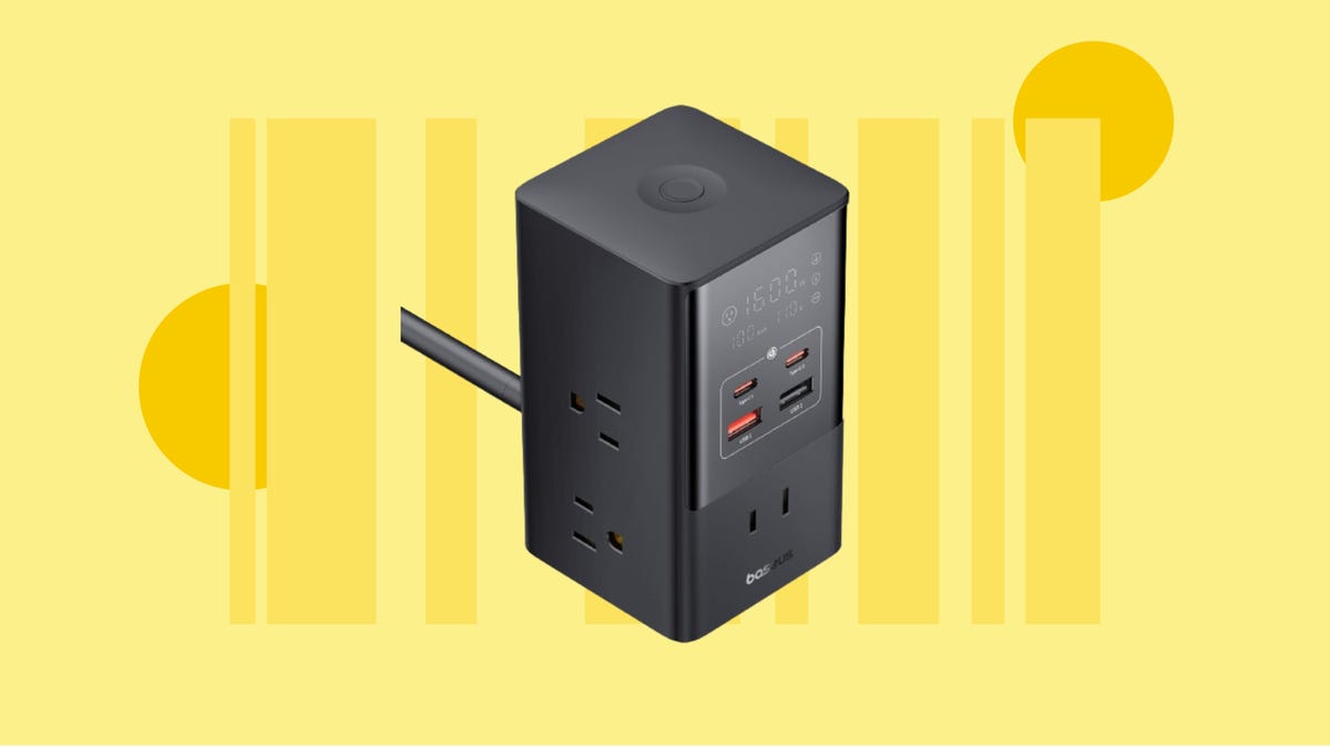 The Baseus 10-in-1 desktop charging station is displayed against a yellow background.