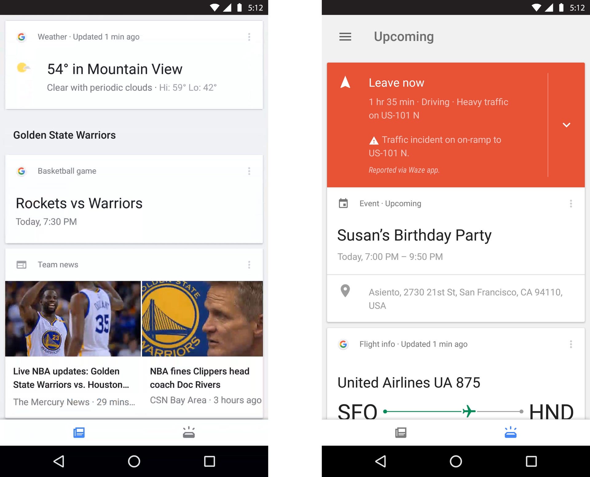 ​The Google app for Android splits cards into two sections, a feed (at left) and personal upcoming information.