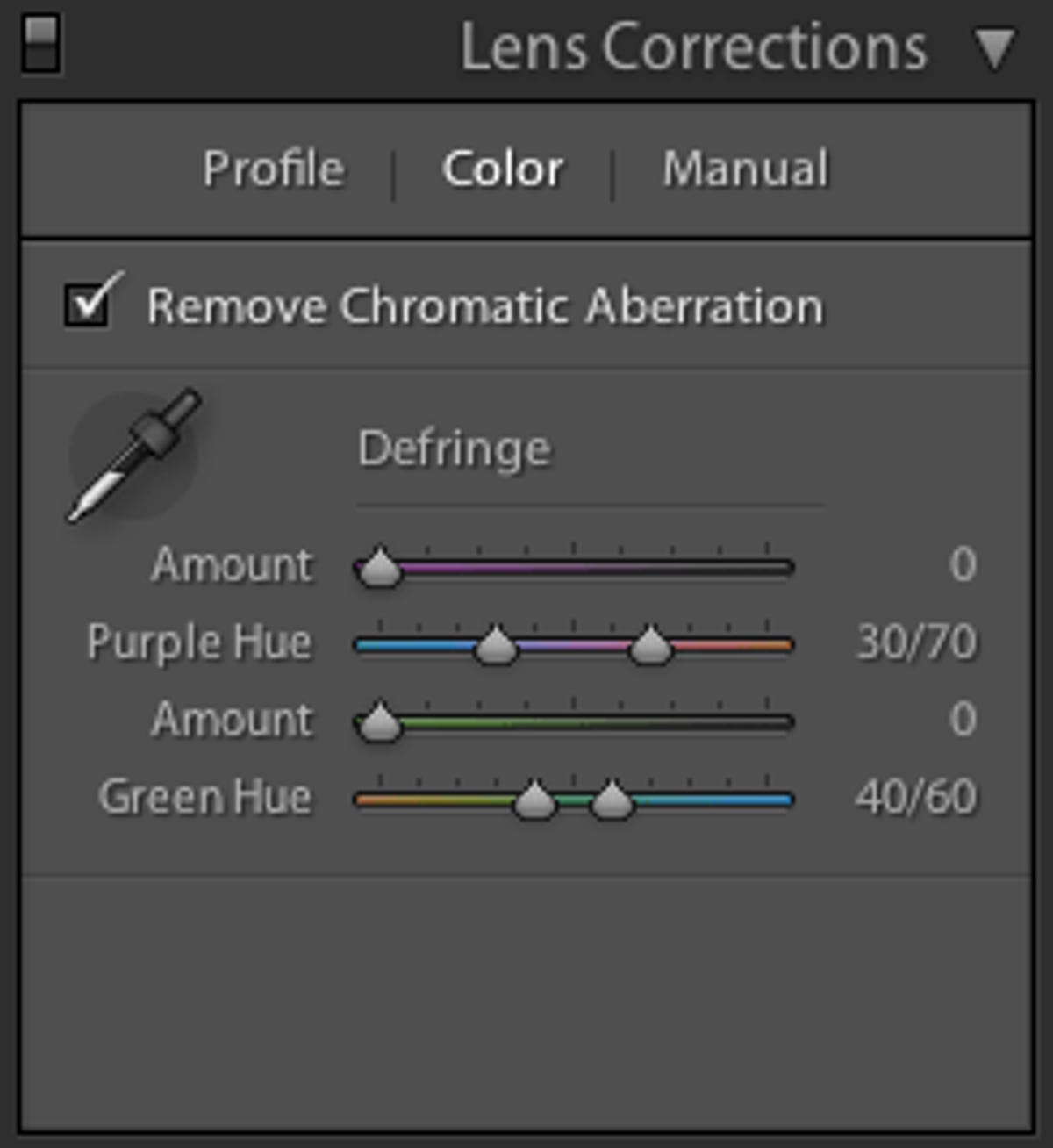 This new panel can fix axial chromatic aberration in Lightroom 4.1. The eyedropper tool can select the colors, the "amount" sliders govern how much colors are desaturated, and the hue sliders govern how broad a spectrum of colors will be treated.
