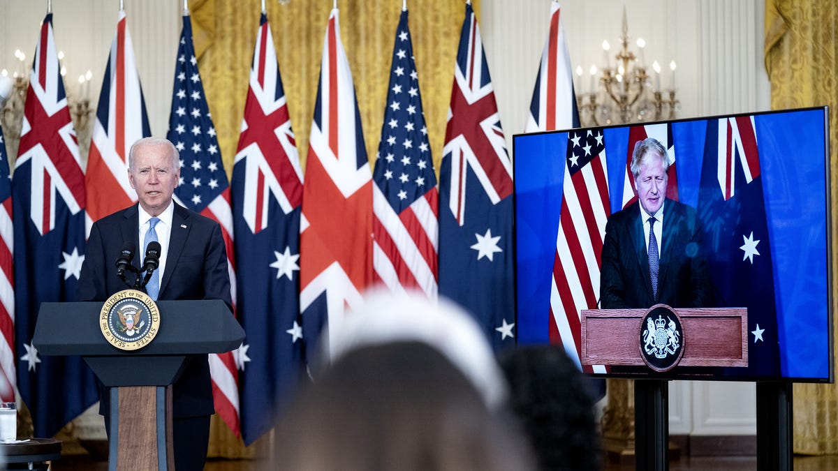 U.S. President Joe Biden speaks in the East Room of the White House in Washington, D.C., U.S., on Wednesday, Sept. 15, 2021. Australia is joining a new Indo-Pacific security partnership with the U.S. and U.K. that could pave the way for it to acquire nucl