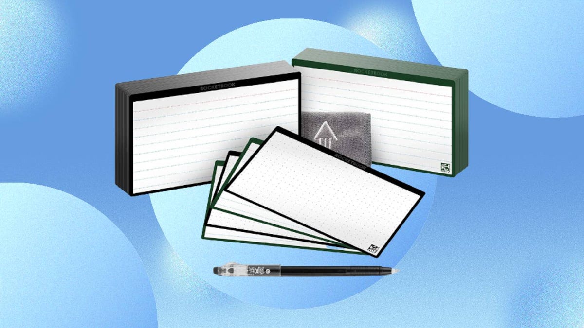 Rocketbook Cloud Cards and a Pilot FriXion pen are displayed against a blue background.