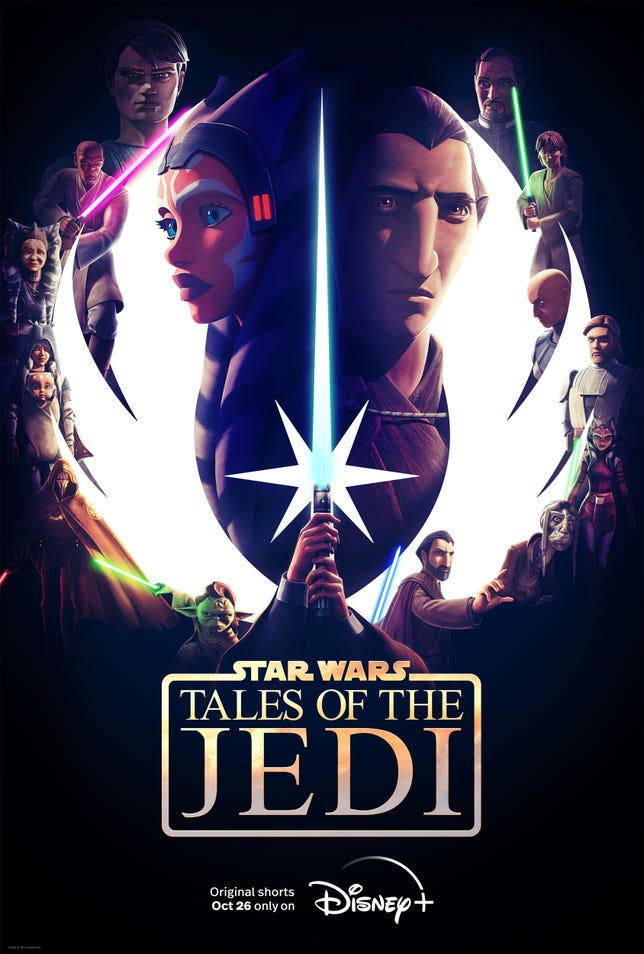 Ahsoka Tano and Dooku surrounded by characters and separated by a lightsaber in the poster 