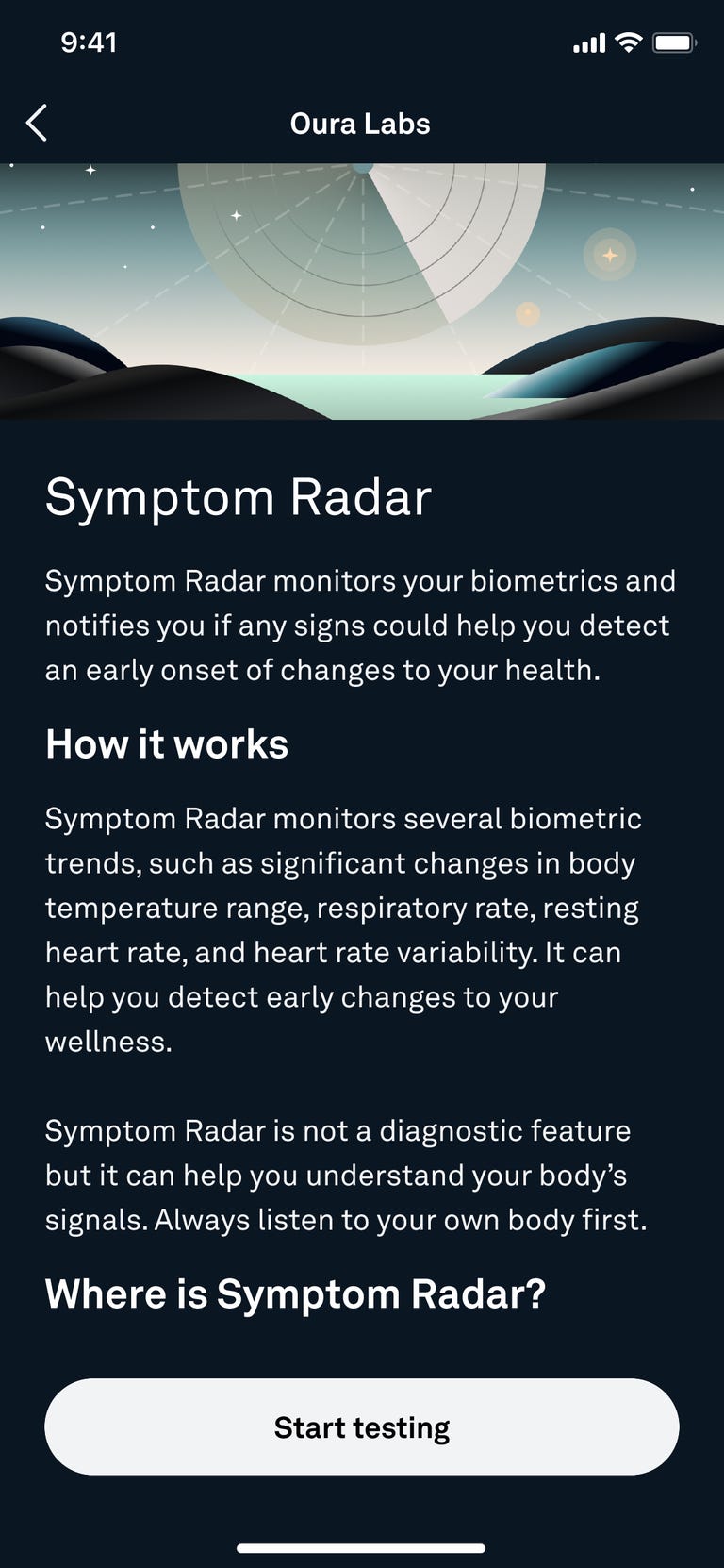 An app screen showing Symptom Radar on Oura Ring