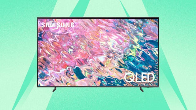 The Samsung Q60B Series QLED smart TV is displayed against a green background.