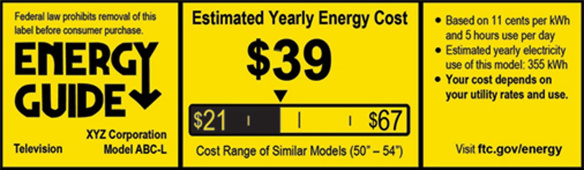 A sample EnergyGuide label for TVs which shows estimated annual energy use based on national average price for electricity.