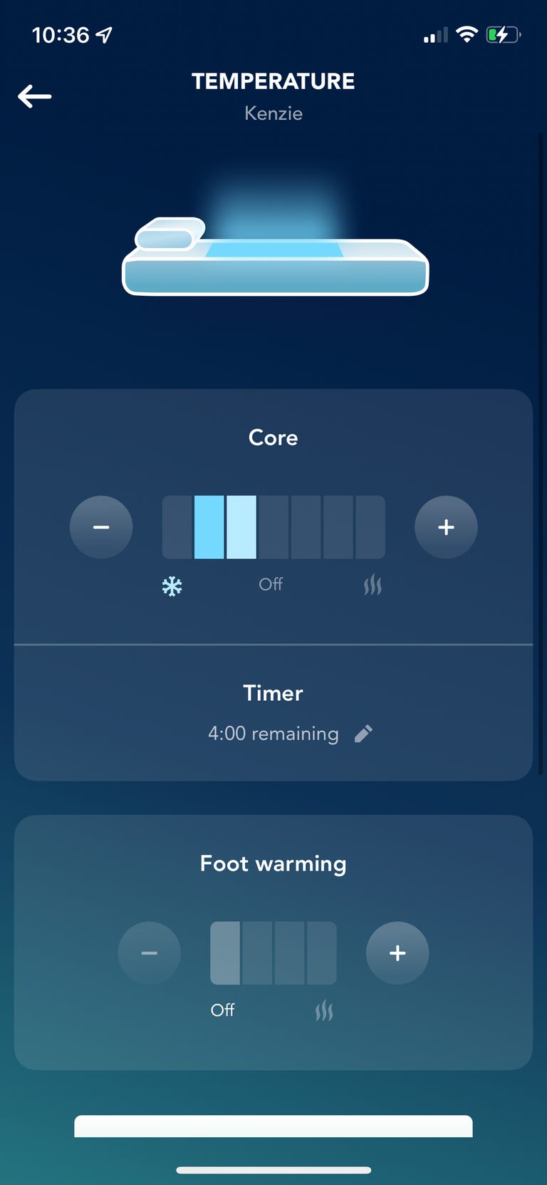 The userface of the Sleep Number temperature setting control