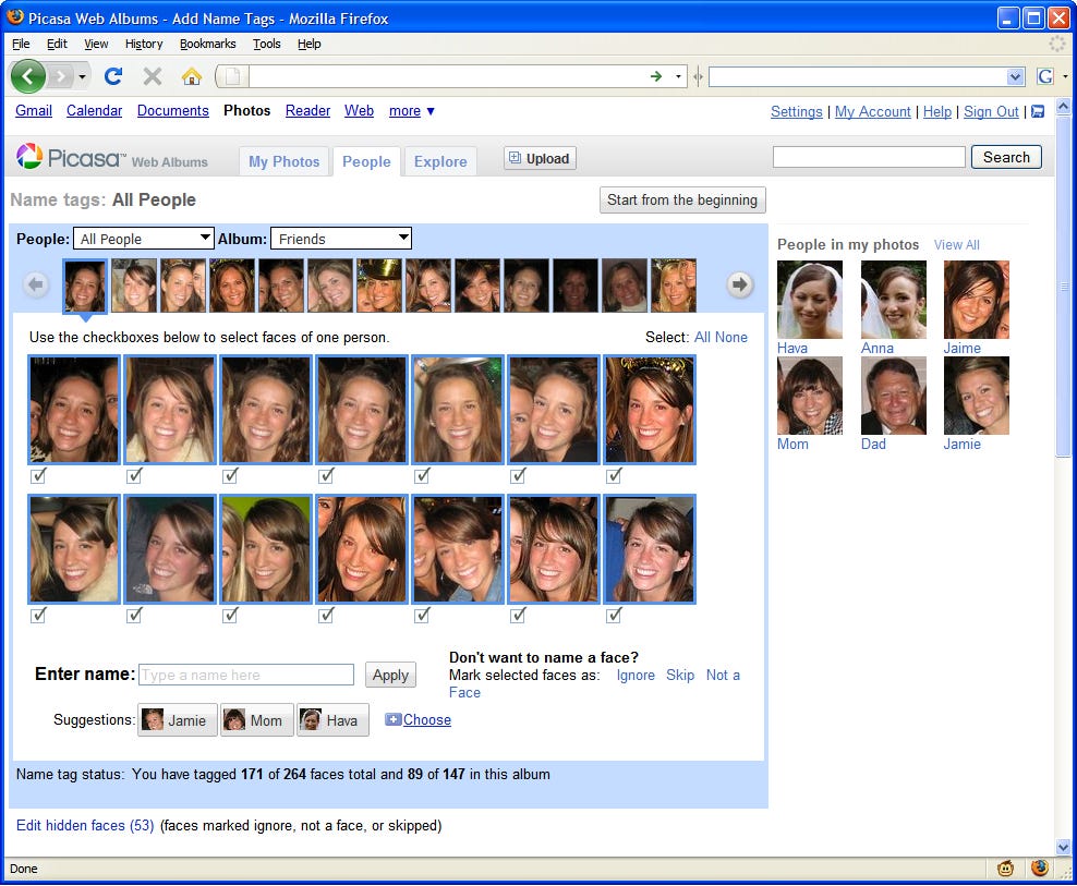 The name tag feature groups like faces together to let users tag them with names a batch at a time.