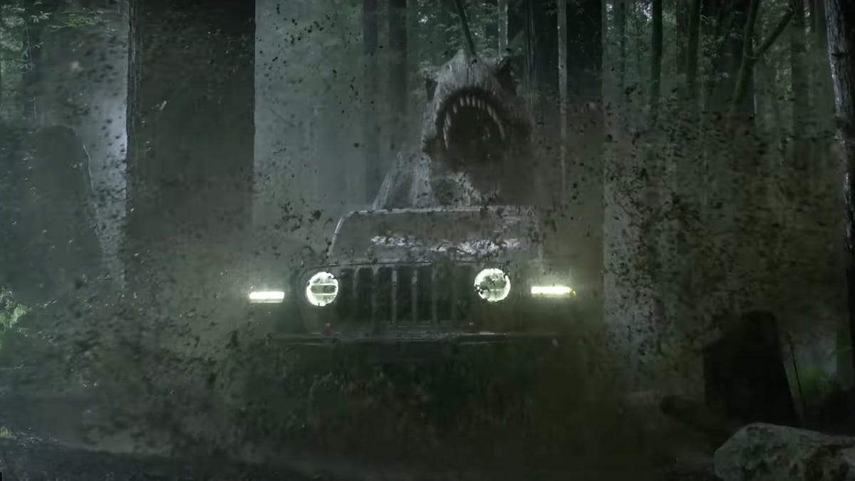 Jeep Wrangler turns tables on Jurassic World's T-Rex in Super Bowl ad - CNET