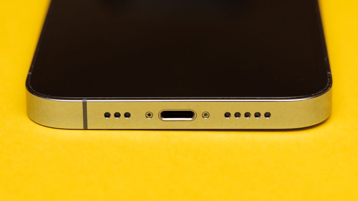 A close-up of an iPhone 13 Pro Lightning port