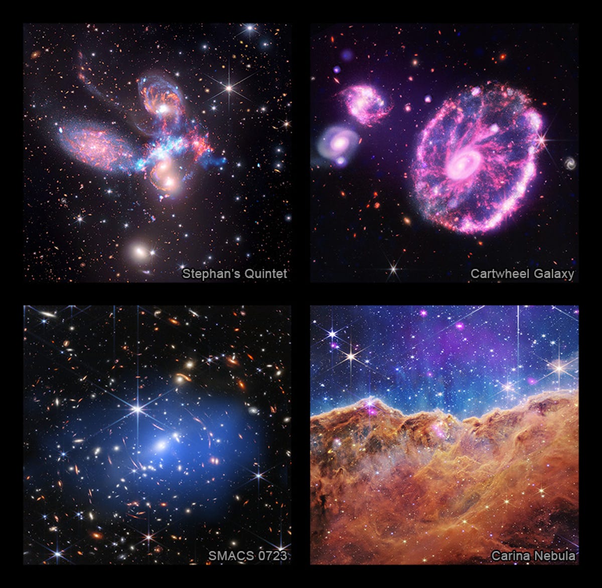 Linksboven is de samengestelde afbeelding van Stephan's Quintet, rechtsboven het Cartwheel Galaxy, linksonder het Eerste Diepe Veld van Webb en rechtsonder de Carinanevel.
