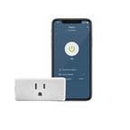 Leviton smart plug and mobile app against a white background
