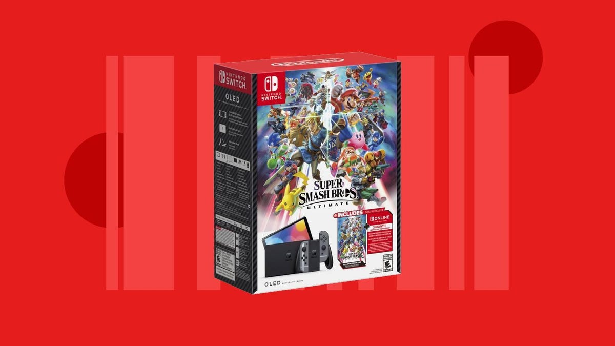 The box for a Switch OLED + Super Smash Bros. Ultimate bundle against a red background..