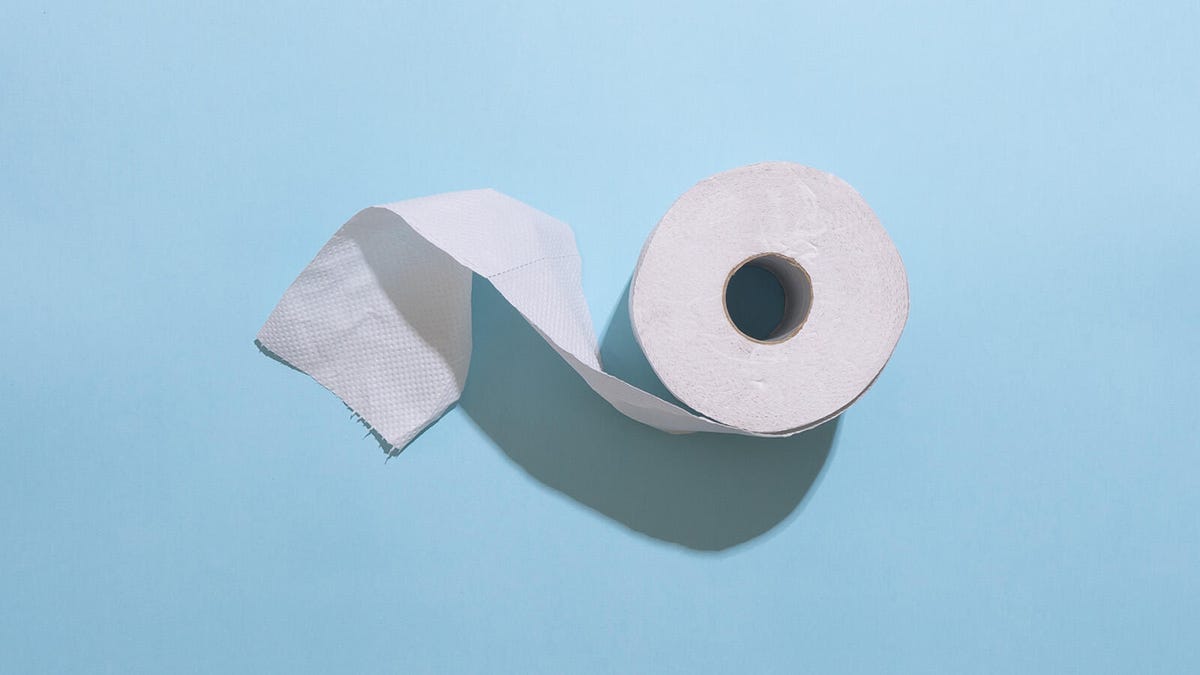 A roll of toilet paper sits against a light blue background.