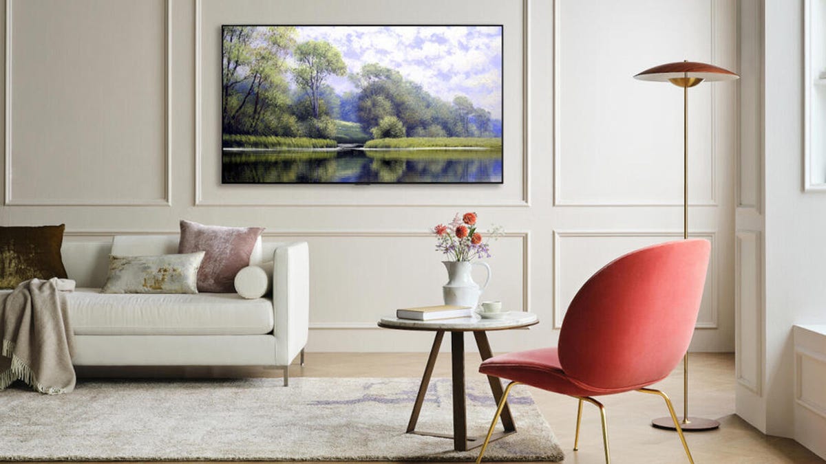 The LG G1 evo TV is attached to a wall near a sofa displaying and idyllic nature scene.