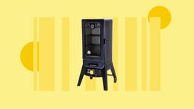 The PBV3A1 electric smoker from Pit Boss Grills is displayed against a yellow background.