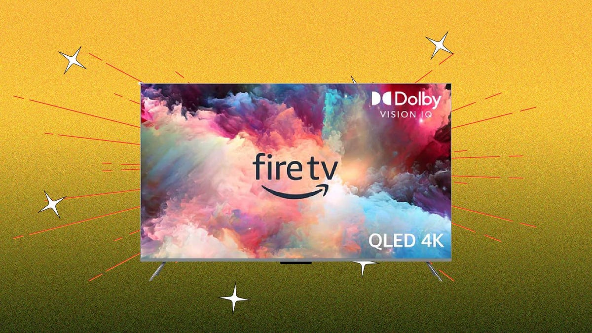 Amazon Omni Series QLED Fire TV against a yellow background.