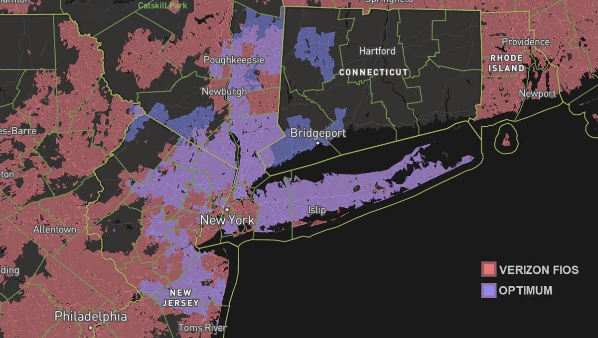 FCC map showing Optimum and Verizon coverage in the New York City area.