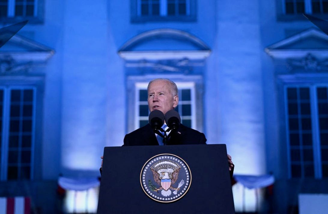 US President Joe Biden delivers a speech at the Royal Castle in Warsaw, Poland on March 26, 2022.