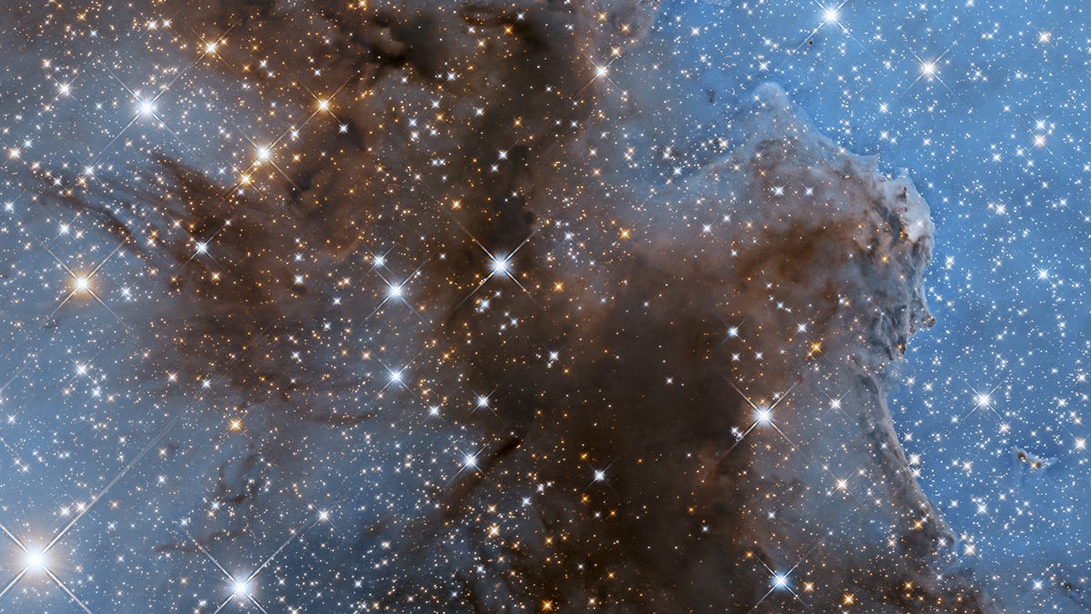 A Hubble telescope view of one small part of the Carina Nebula shows a dark swath across a bluer backgroudn with tons of sparkling stars everywhere.