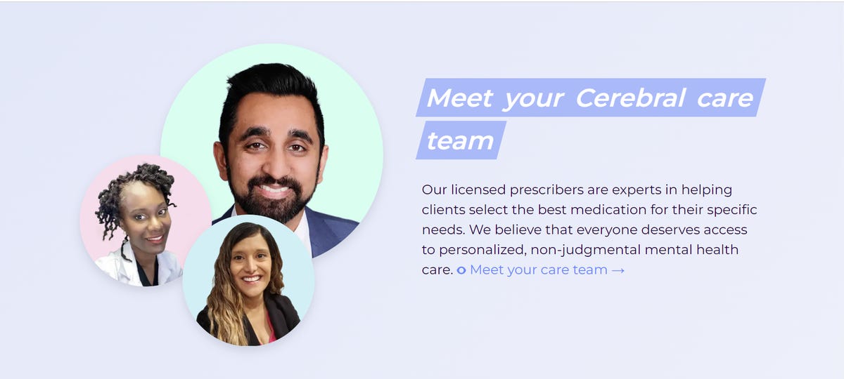 Screenshot of Cerebral's care team homepage