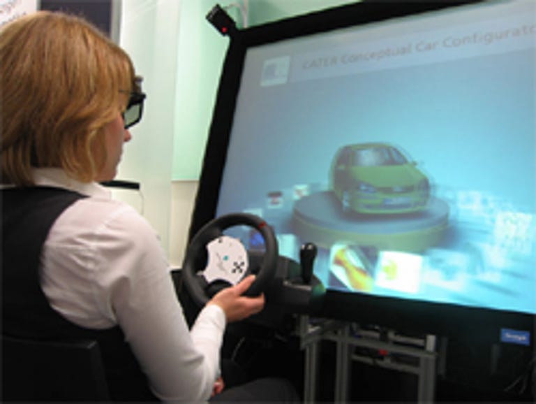 A woman uses virtual-reality technology to preview a vehicle's options.