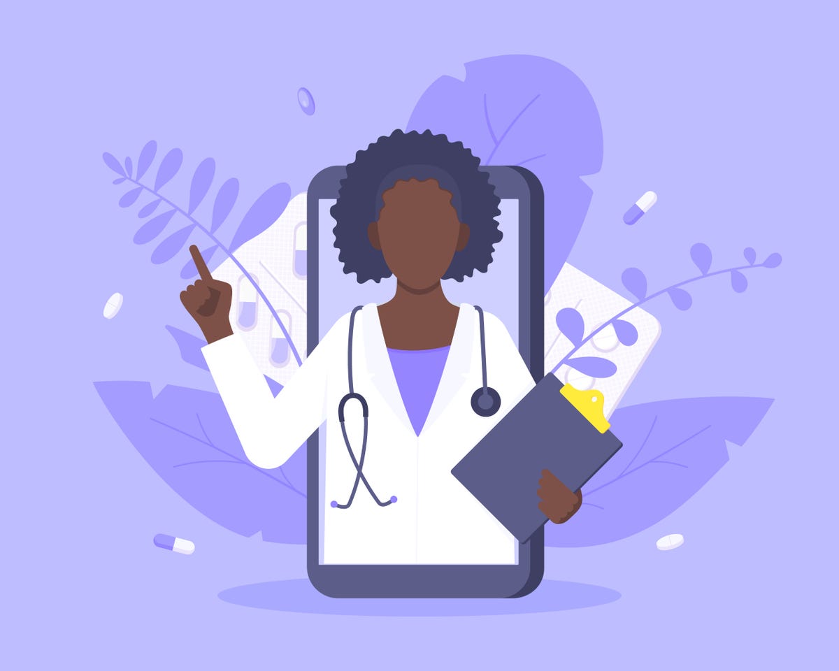 An illustration of a doctor coming through a tablet against a purple background