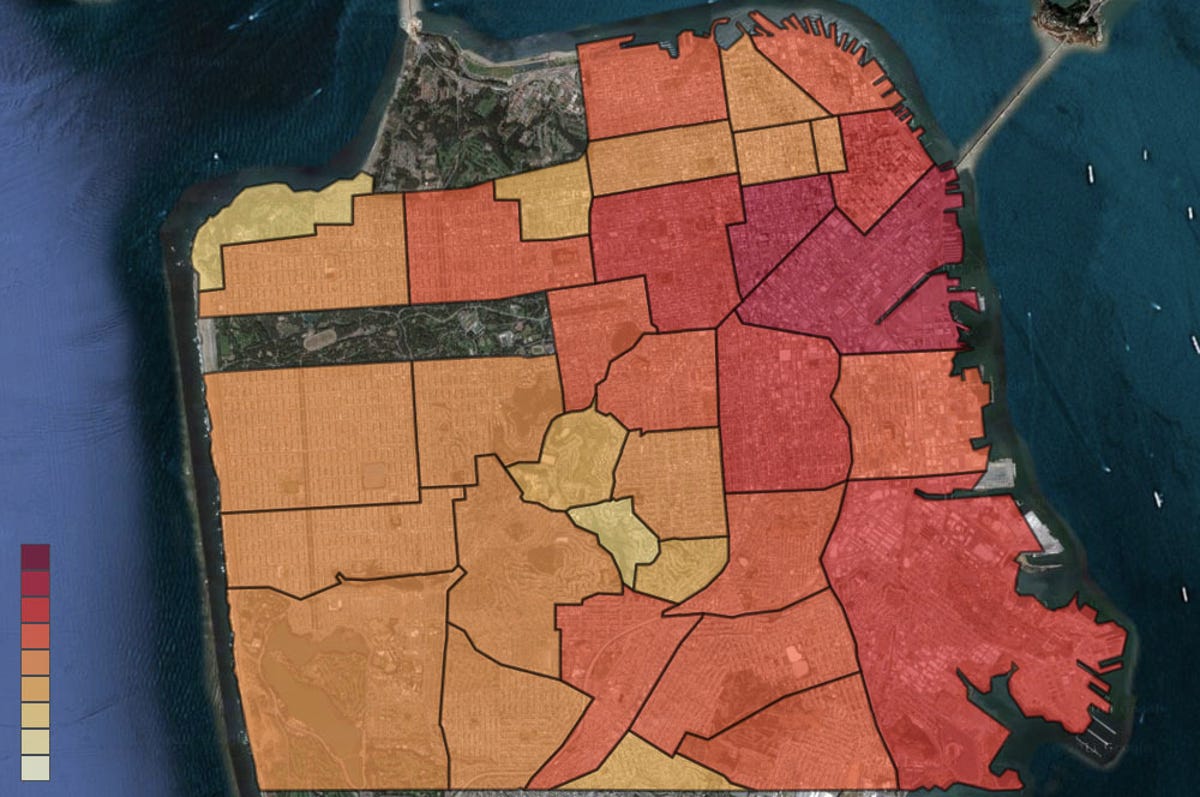 Heat map of prostitution, alcohol, and theft-related crimes in San Francisco. Map hot spots are very similar to Uber trip requests, implying that neighborhoods with high levels of crime are well-populated, and popular with Uber members.