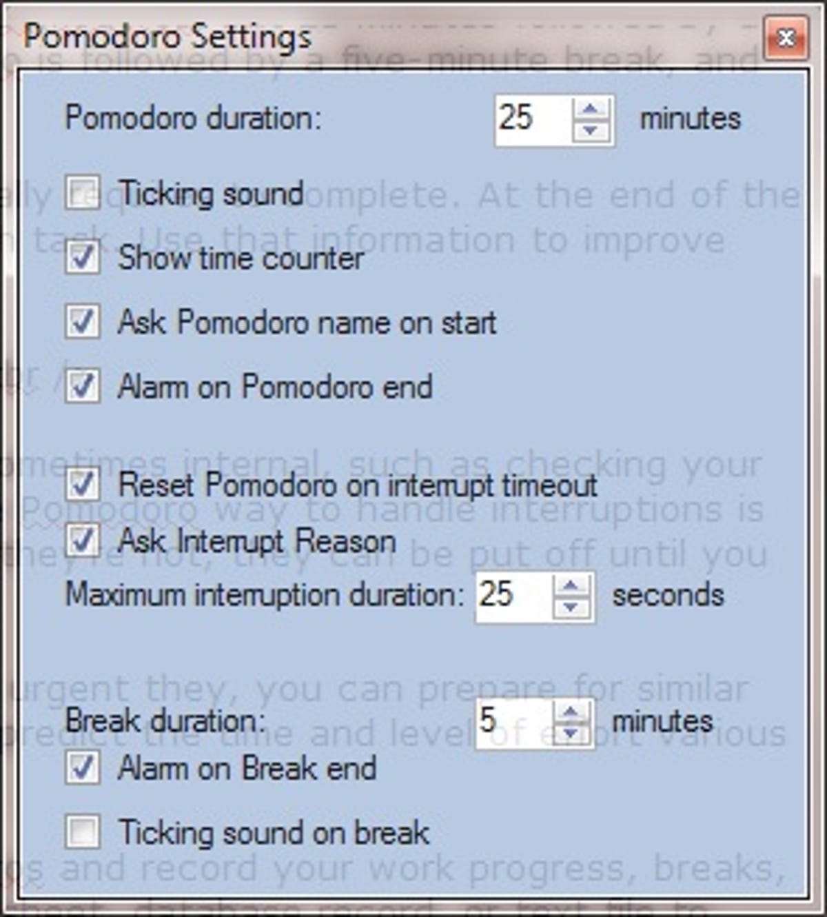 Pomodoro Timer settings dialog box