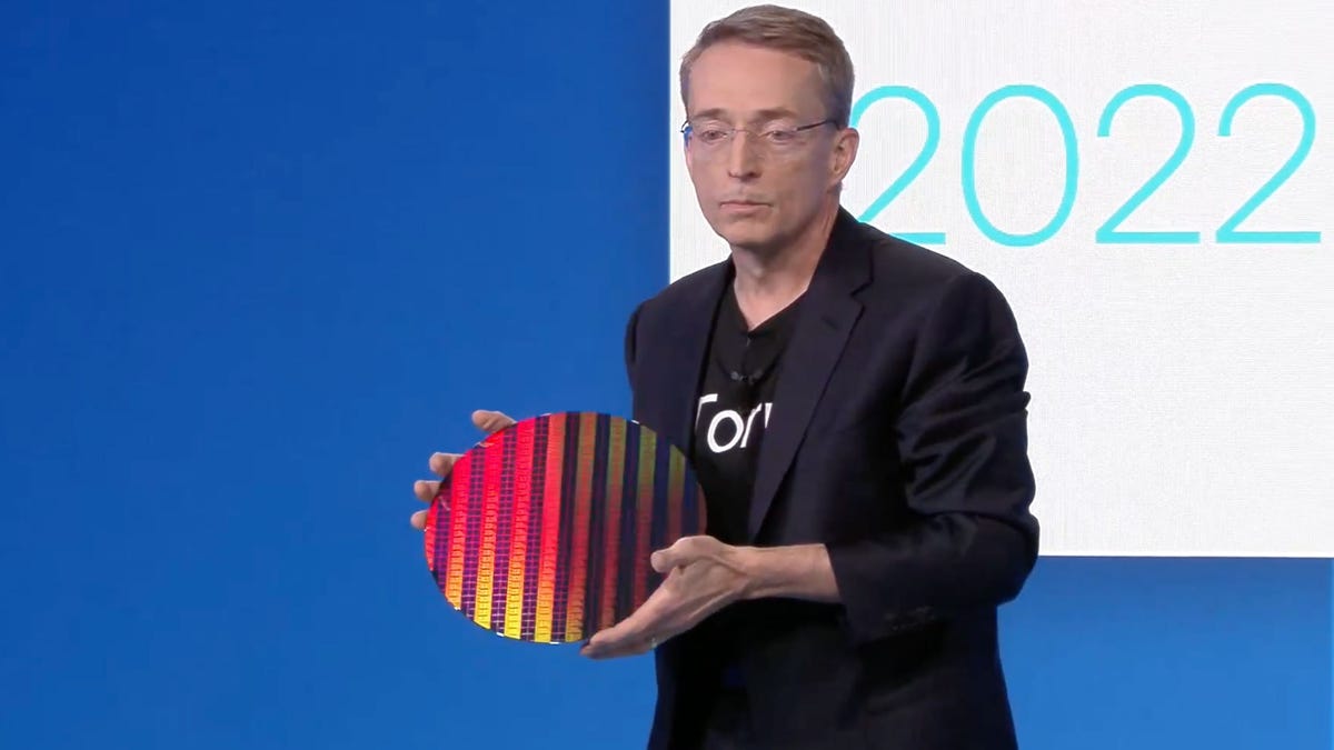 Intel CEO Pat Gelsinger holds an 18A silicon wafer