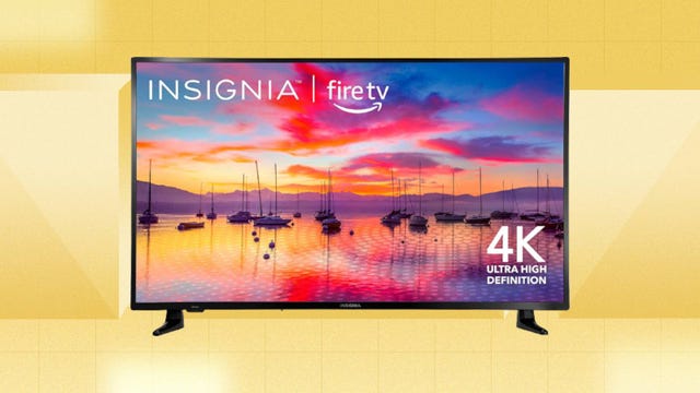 The Insignia 2023 50-inch F30 Series LED 4K UHD smart Fire TV is displayed against a yellow background.
