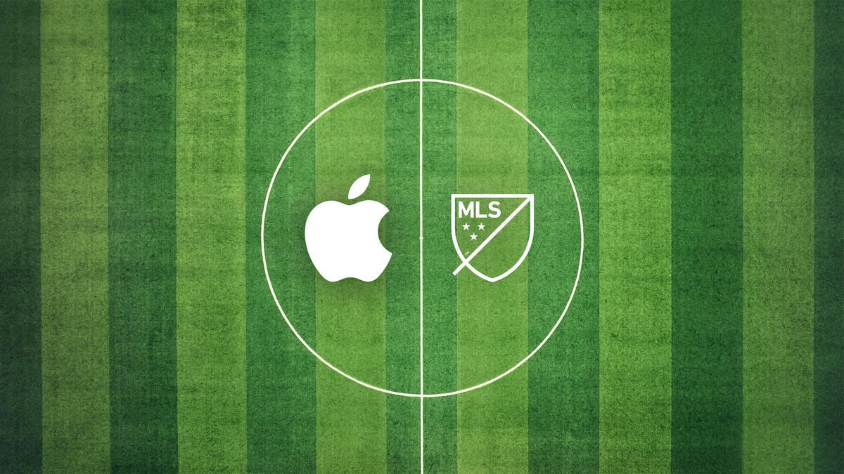 Apple and MLS logos on a soccer pitch.
