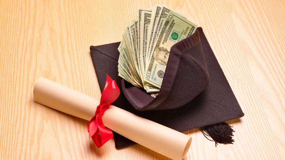 Graduation cap with diploma and cash