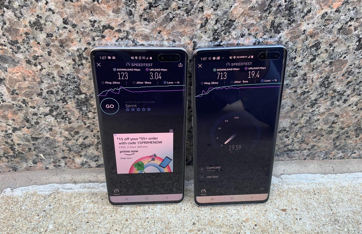 Two Galaxy S10 5G phones showing 5G speeds