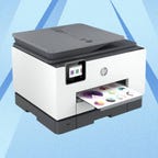 The HP OfficeJet Pro 9025e all-in-one wireless Inkjet printer is displayed against a blue background.