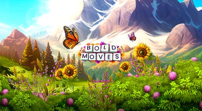 Bold Moves Plus title card showing sunflowers in a meadow with mountains in the background