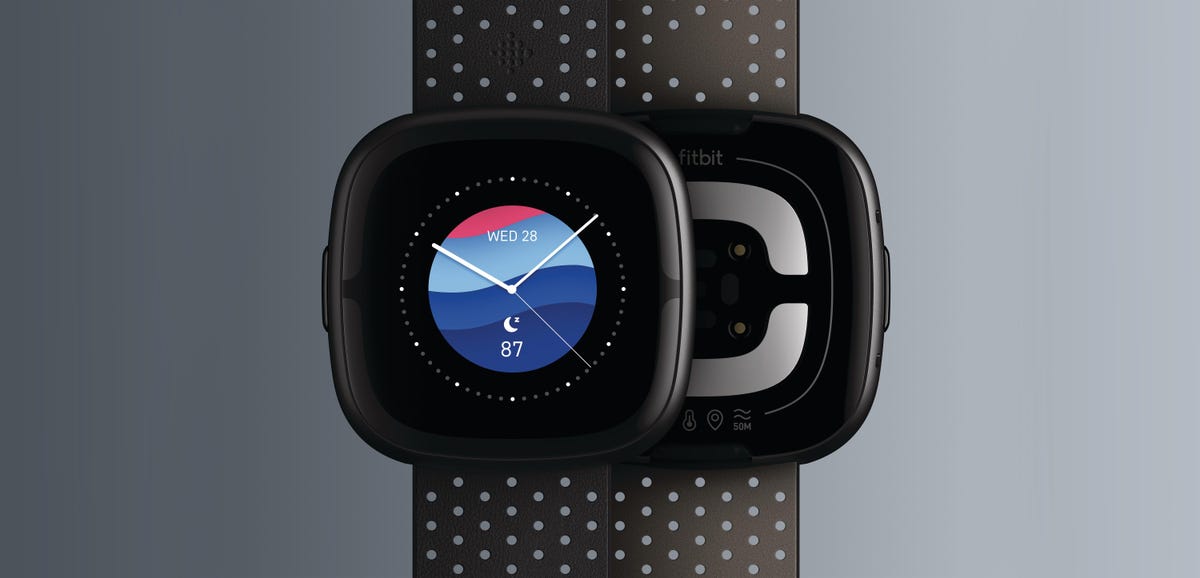 Fitbit Sense 2 watch, front and rear shown on two models