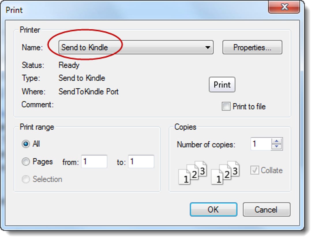 Select Send to Kindle as printer