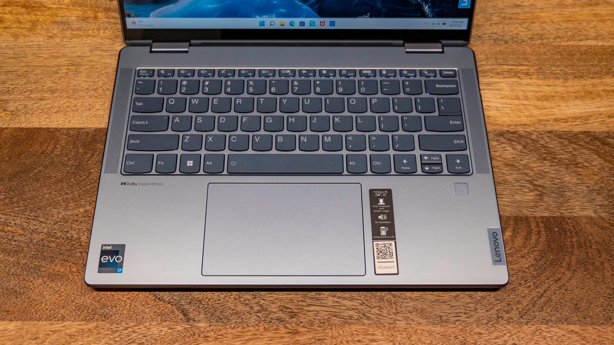 The keyboard and touchpad of the Lenovo Yoga 7i Gen 7 two-in-one laptop.