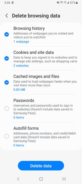 The "Clear data" and "Clear cache" options for Samsung Internet