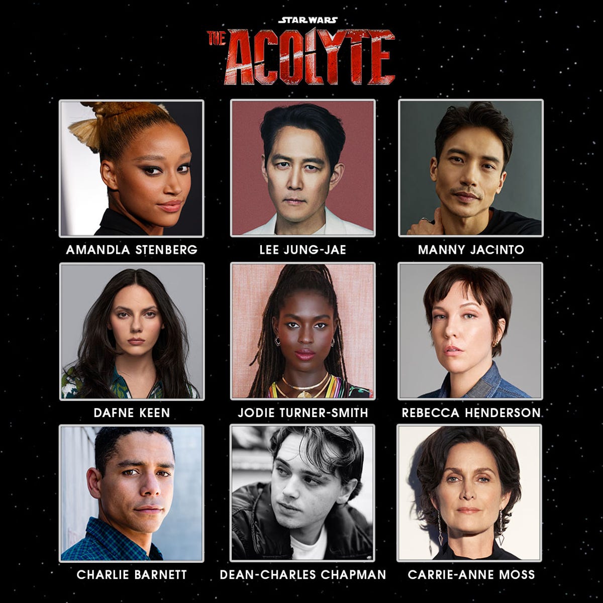 Headshots for nine members of Star Wars The Acolyte's cast