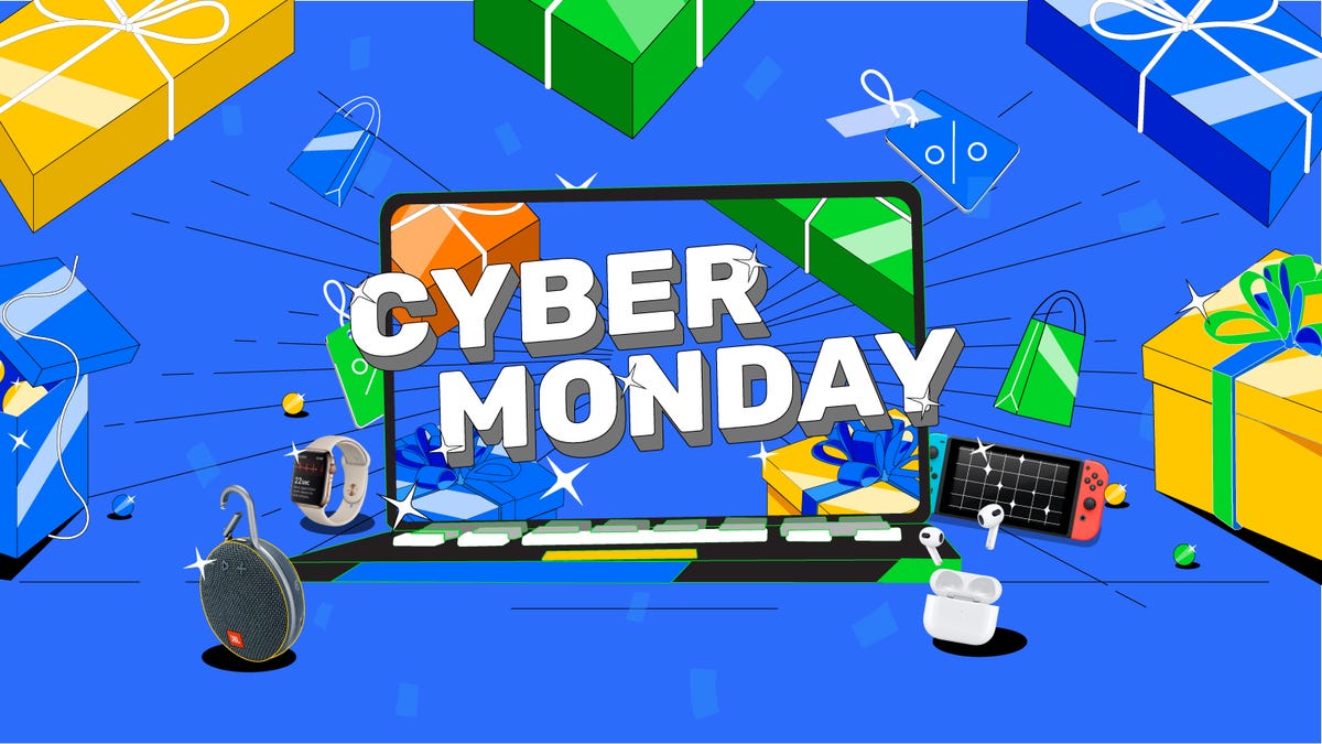 A blue background with an animated computer screen and cartoon presents as well as tech gadgets. A sign reads "Cyber Monday"