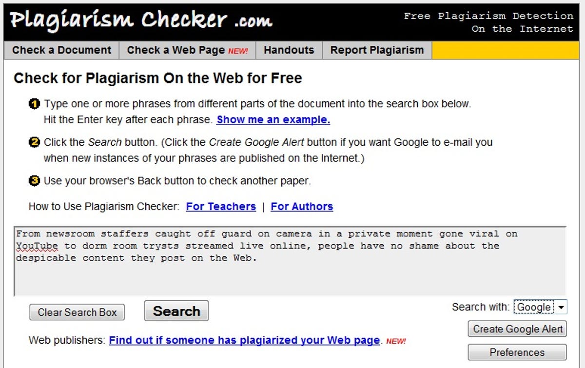 Plagiarism Checker main page