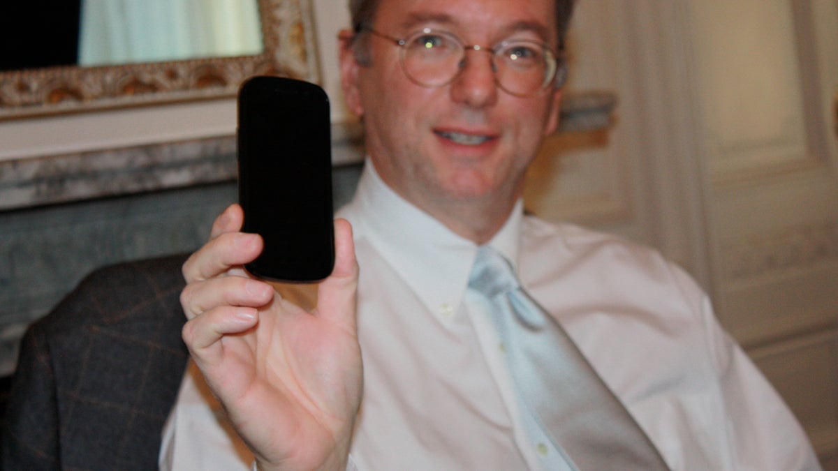 Google CEO Eric Schmidt holds up an unannounced Android phone that is probably the rumored Nexus S.